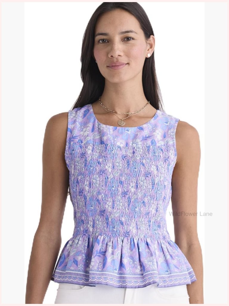 Smocked Peplum Blouse With Keyhole Back Blouse